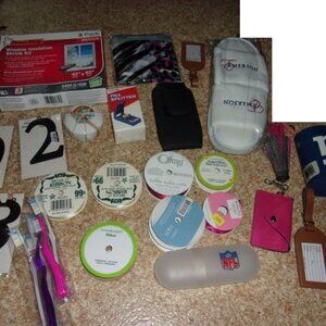 BOX OF STUFF FOUND AT ESTATE SALE TOOTHBRUSHES,GOLD FLAKES,WINDOW SEALER,RIBBON